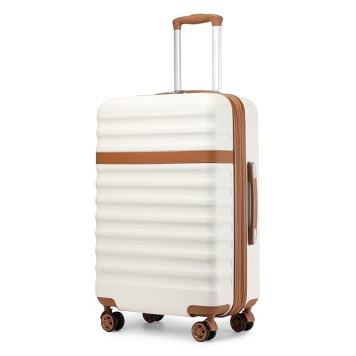 Kono Medium Sized Checked Luggage, 24 Inch Expandable with Spinner Wheels, TSA Lock, ABS + PC Lightweight Travel Suitcase with Larger Capacity and Lighter Weight, Cream Brown - color: Cream White, size: Checked-Medium 24-Inch