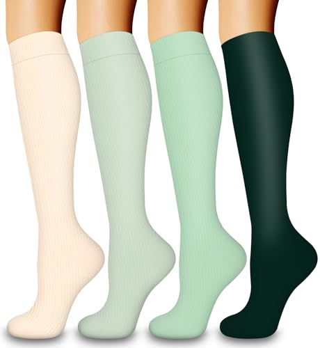 COOLOVER 4 Pairs Compression Socks for Women & Men Circulation 15-20mmHg -Best Support for Nursing, Athletic, Cycling, Flight - color: 11 Beige/Green, size: Small-Medium