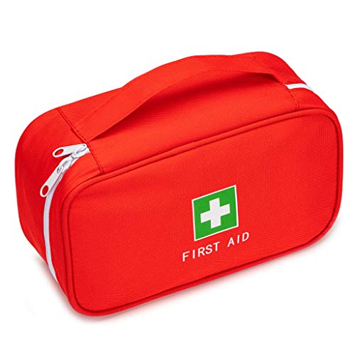Red First Aid Bag Empty Travel Rescue Pouch First Responder Storage Medicine Emergency Bag for Car Home Office Kitchen Sport Outdoors (Red with Handle Green Print) - color: Red with Handle Green Print