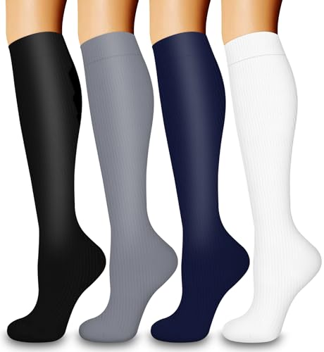COOLOVER 4 Pairs Compression Socks for Women & Men Circulation 15-20mmHg -Best Support for Nursing, Athletic, Cycling, Flight - color: 03 Black/Gray/Navy/White, size: Small-Medium