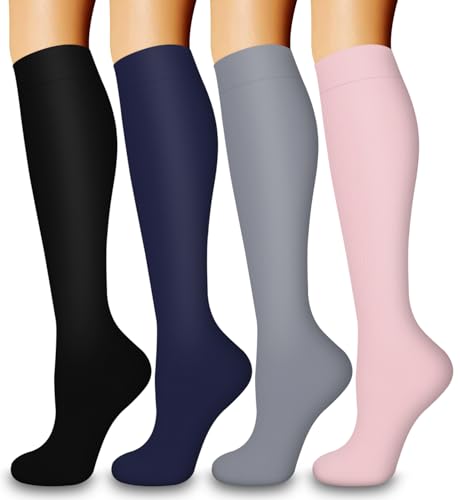 COOLOVER 4 Pairs Compression Socks for Women & Men Circulation 15-20mmHg -Best Support for Nursing, Athletic, Cycling, Flight - color: 02 Black/Navy/Gray/Pink, size: Small-Medium