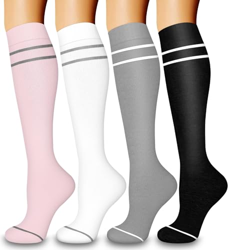 COOLOVER 4 Pairs Compression Socks for Women & Men Circulation 15-20mmHg -Best Support for Nursing, Athletic, Cycling, Flight - color: 06 Pink/White/Gray/Black, size: Small-Medium