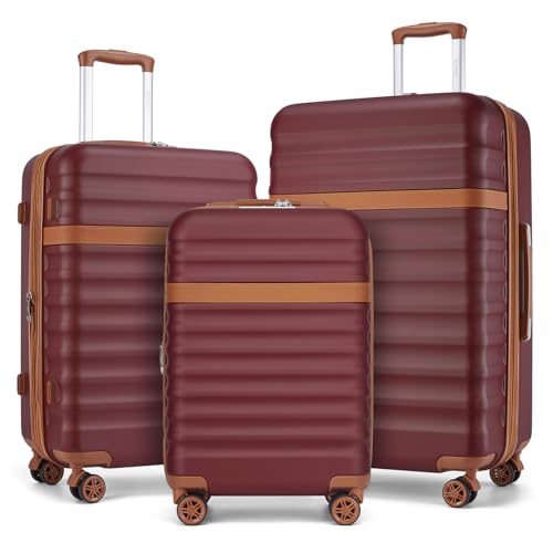 Kono Luggage Set 3 Pieces Expandable PC ABS Durable Suitcase Hardside with Double Spinner Wheels Tsa Lock Burgundy(20in/24in/28in) - color: Burgundy Red, size: 3-Piece Set (20/24/28)