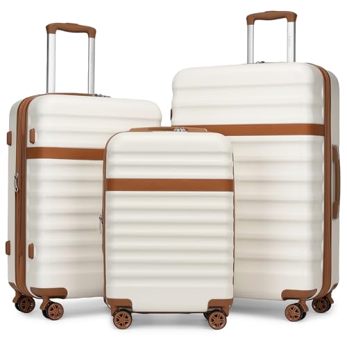 Kono Luggage Set 3 Pieces Expandable ABS Durable Suitcase Hardside with Double Spinner Wheels Tsa Lock Cream White(20in/24in/28in) - color: Cream White, size: 3-Piece Set (20/24/28)