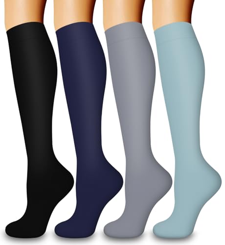 COOLOVER 4 Pairs Compression Socks for Women & Men Circulation 15-20mmHg -Best Support for Nursing, Athletic, Cycling, Flight - color: 04 Black/Navy/Gray/Khaki, size: Small-Medium