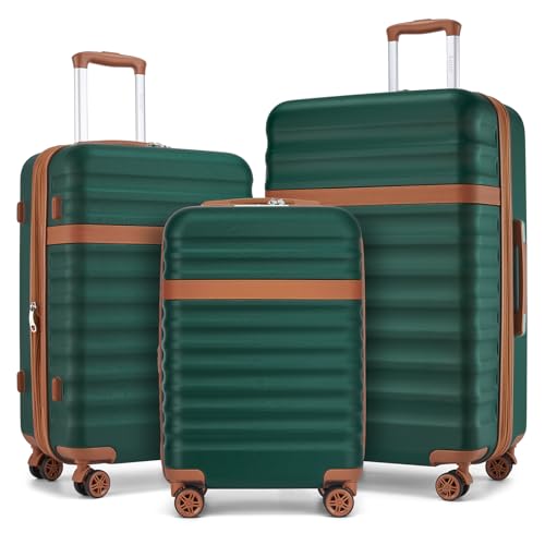 Kono Luggage Set 3 Pieces Expandable PC ABS Durable Suitcase Hardside with Double Spinner Wheels Tsa Lock Green(20in/24in/28in) - color: Green/Brown, size: 3-Piece Set (20/24/28)