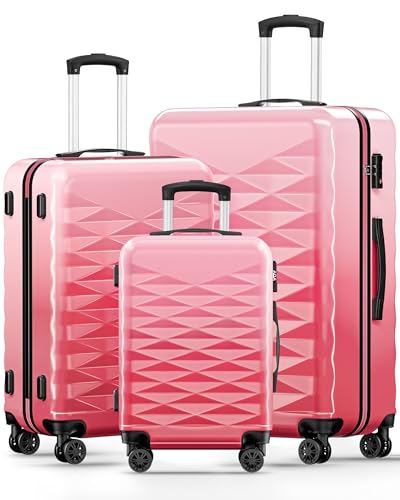 Suitour luggage sets 3 piece,Hardside Lightweight Suitcase Sets with Spinner Wheels & TSA lock,20/24/28 in Large Suitcase - color: Pink, size: 3-Piece Set (20+24+28)