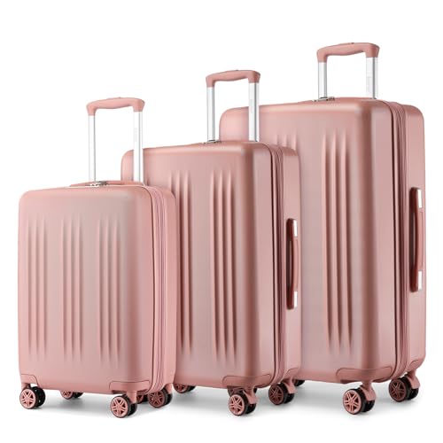 Kono Expandable Luggage 3 Piece Set Hardshell Lightweight 20in 24in 28in Carry On Suitcase with Spinner Wheels TSA Lock(Nude/Rose Gold) - color: Nude, size: 3 Piece Set (20"/24"/28")